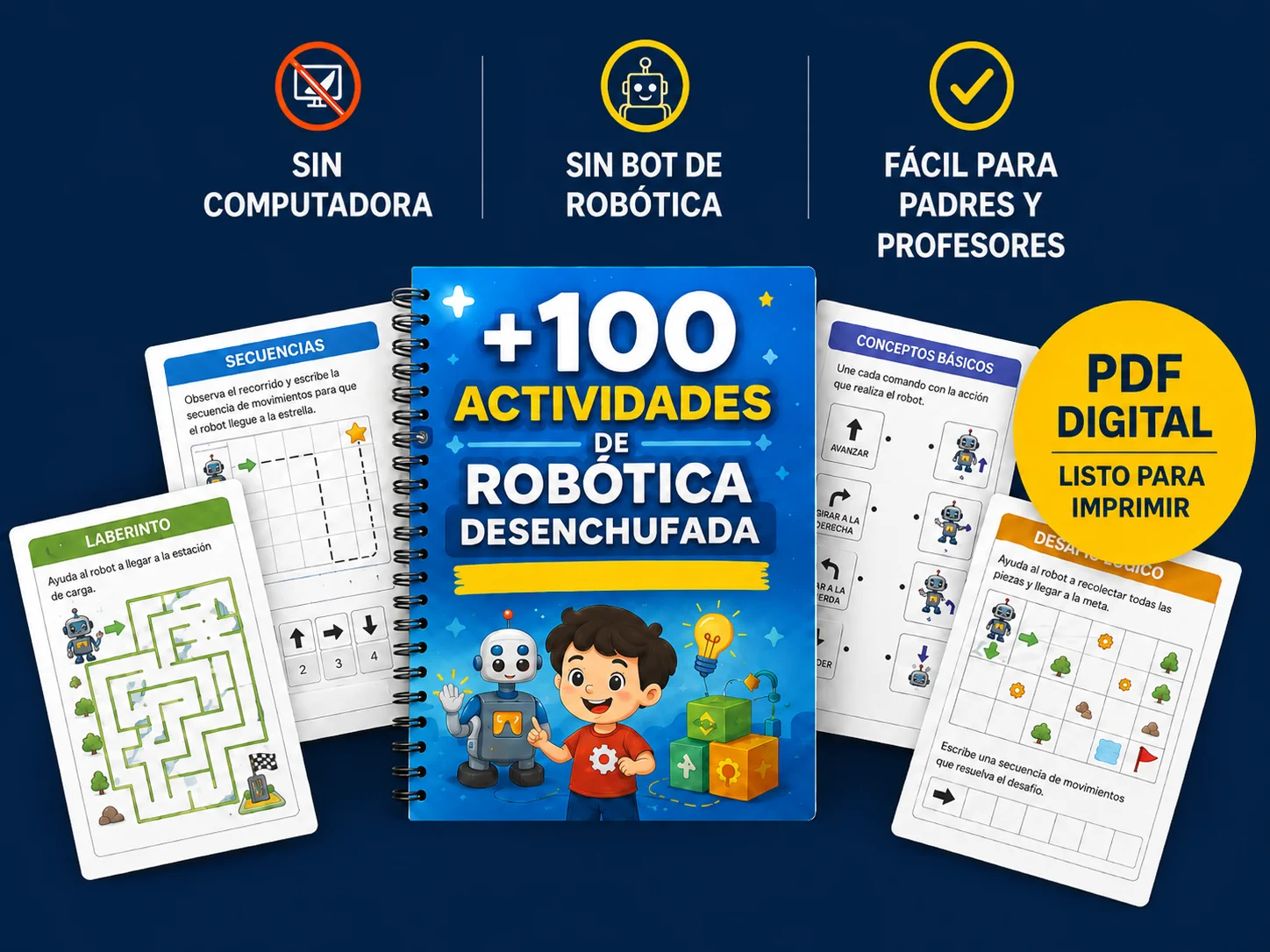 Libro +100 Actividades de Robótica Desenchufada con páginas de ejemplo: laberintos, secuencias y desafíos lógicos